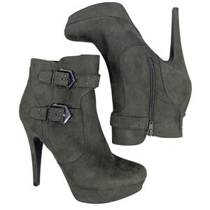 G by Guess Womens Olive Green Faux Suede Buckle Platform Stiletto Ankle Boots 8M